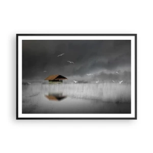 Poster in einem schwarzem Rahmen - Ein einsames Häuschen am Wasser, umgeben von Nebel und Vögeln - 100x70cm - Schutz vor Regen - Moderne Wanddekoration für Wohnzimmer und Schlafzimmer ARTTOR