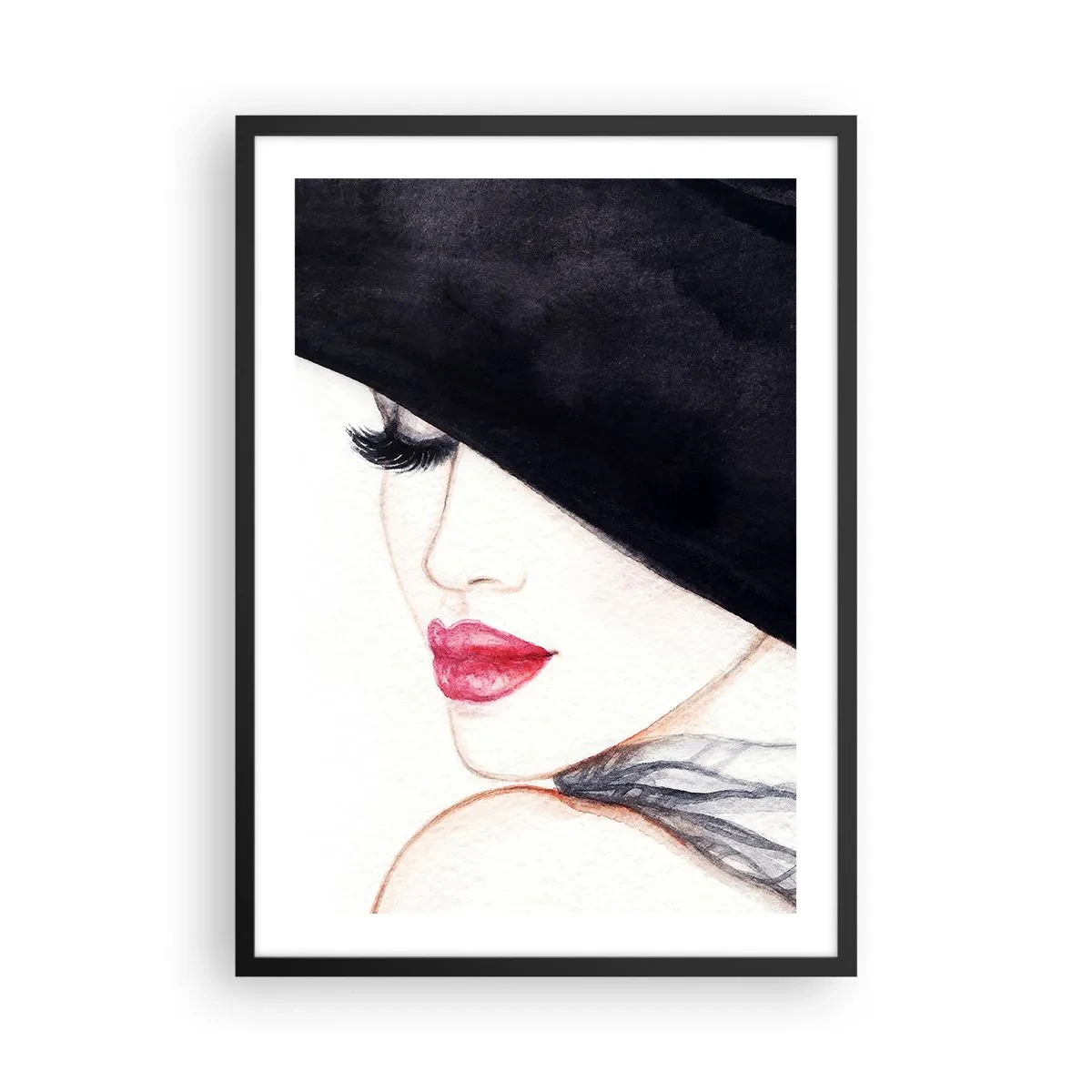 Poster in einem schwarzem Rahmen - Porträt einer Frau mit schwarzem Hut und roten Lippen - 50x70cm - Eleganz und Sinnlichkeit - Moderne Wanddekoration für Wohnzimmer und Schlafzimmer ARTTOR