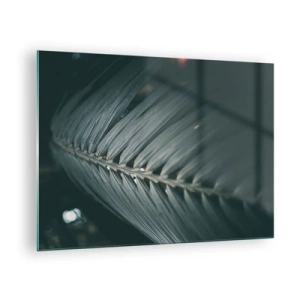 Glasbild - Bild auf glas - Nahaufnahme eines dunkelgrünen Palmblattes mit Lichtreflexion - 70x50cm - Die Präzision der Natur - Moderne Wanddekoration für Wohnzimmer und Schlafzimmer ARTTOR