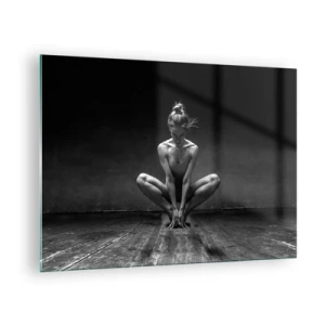 Glasbild - Bild auf glas - Eine Tänzerin in einer Ballettpose auf einem Holzboden - 70x50cm - Konzentration der Tanzenergie - Moderne Wanddekoration für Wohnzimmer und Schlafzimmer ARTTOR