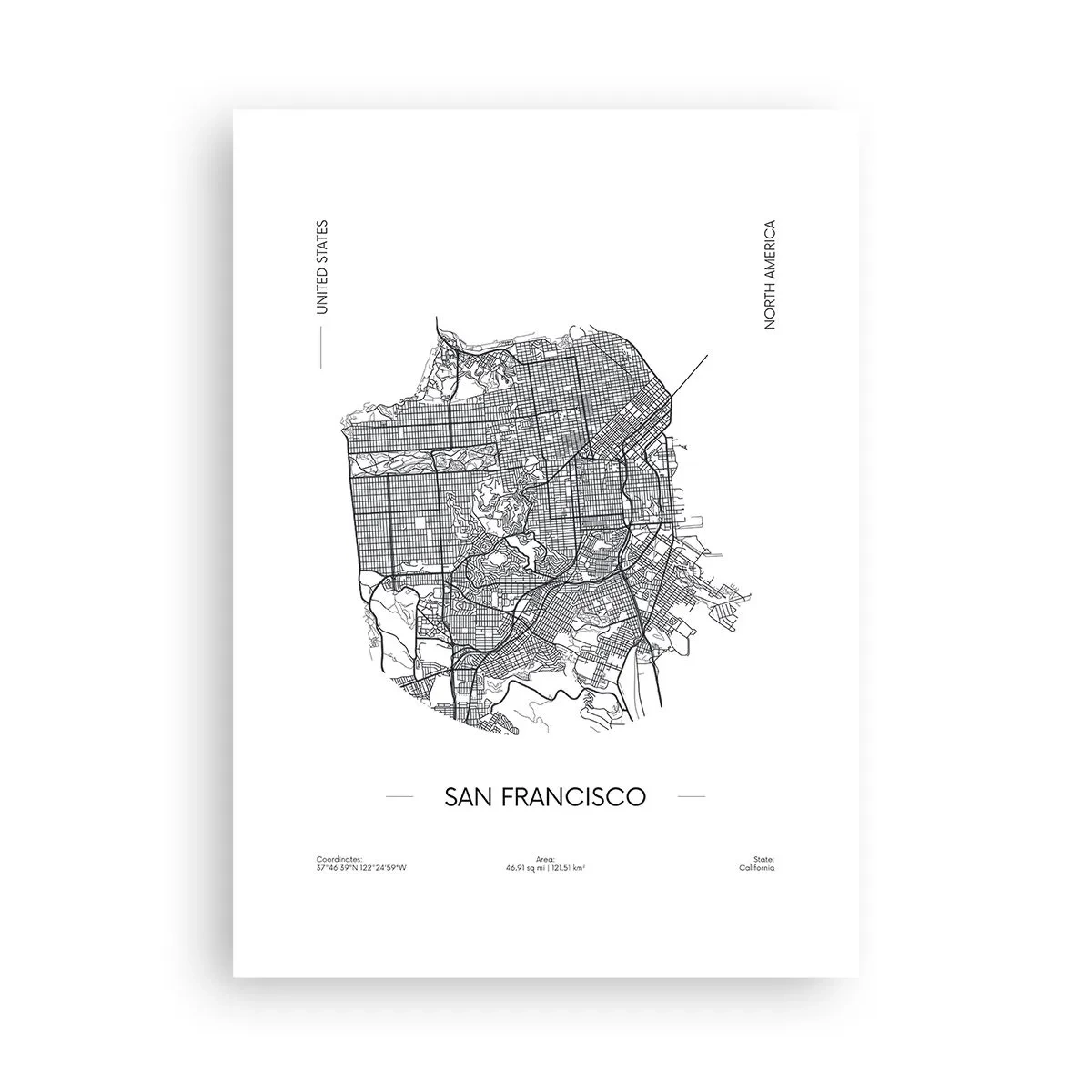 Poster - Eine minimalistische Karte von San Francisco in Schwarzweiß. - 50x70cm - Anatomie von San Francisco - Moderne Wanddekoration für Wohnzimmer und Schlafzimmer ARTTOR