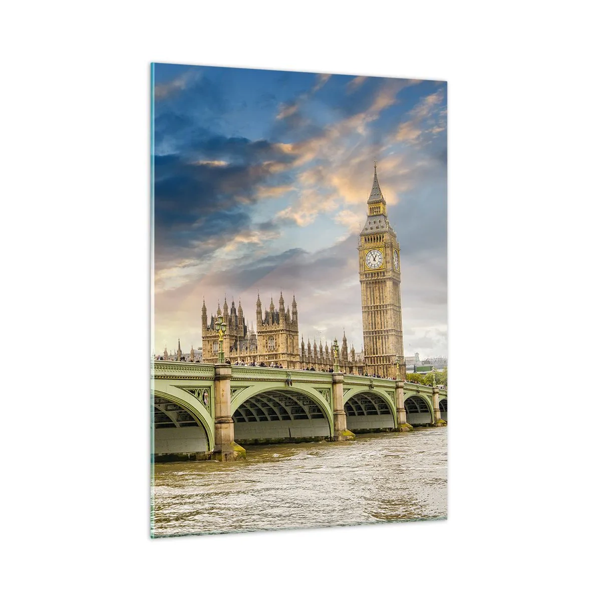 Glasbild - Bild auf glas - Big Ben und Westminster Bridge bei Sonnenuntergang - 50x70cm - Im Imperium ist die Zeit stehen geblieben - Moderne Wanddekoration für Wohnzimmer und Schlafzimmer ARTTOR