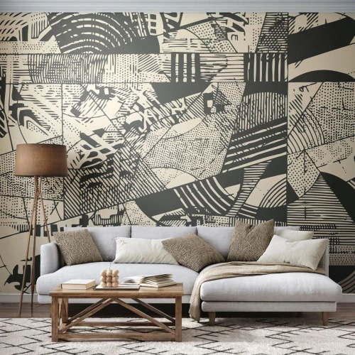 Fototapete Standard Eco - Schwarz-beige Abstraktion mit dynamischen geometrischen Mustern - 100x70cm - Die Dynamik der Gegenwart - Moderne Wanddekoration für Wohnzimmer und Schlafzimmer ARTTOR