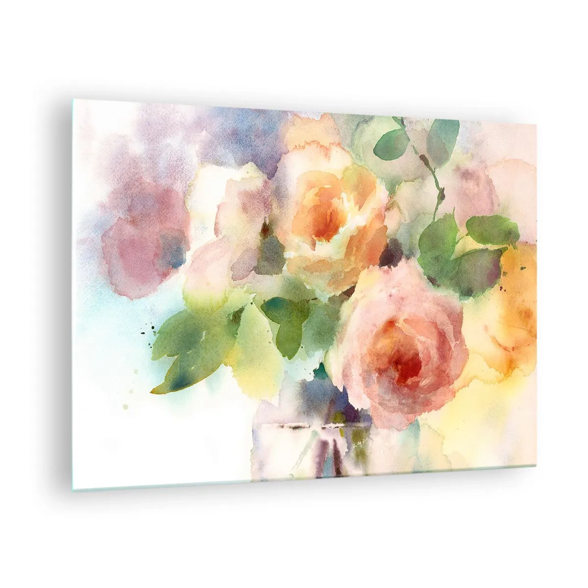 Glasbild - Bild auf glas - Ein Aquarellgemälde von Rosen in zarten Pastellfarben. - 70x50cm - Zart wie Aquarell - Moderne Wanddekoration für Wohnzimmer und Schlafzimmer ARTTOR