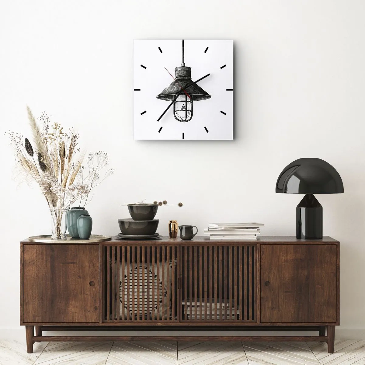 Wanduhr - Glasuhr - Zeichnung einer Retro-Hängelampe auf weißem Hintergrund - 30x30cm - Wie vor Jahren… - Moderne Wanddekoration für Wohnzimmer und Schlafzimmer ARTTOR