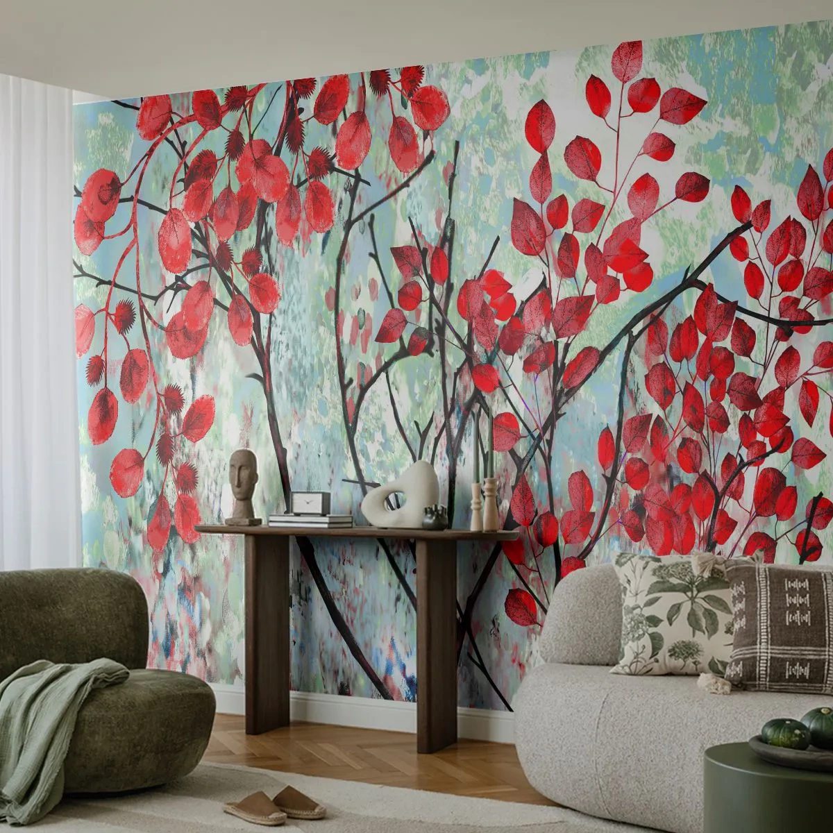 Fototapete Premium Canvas - Baum in Scharlachrot - Abstraktion, Rote Blätter, Zweig - 250x175 cm