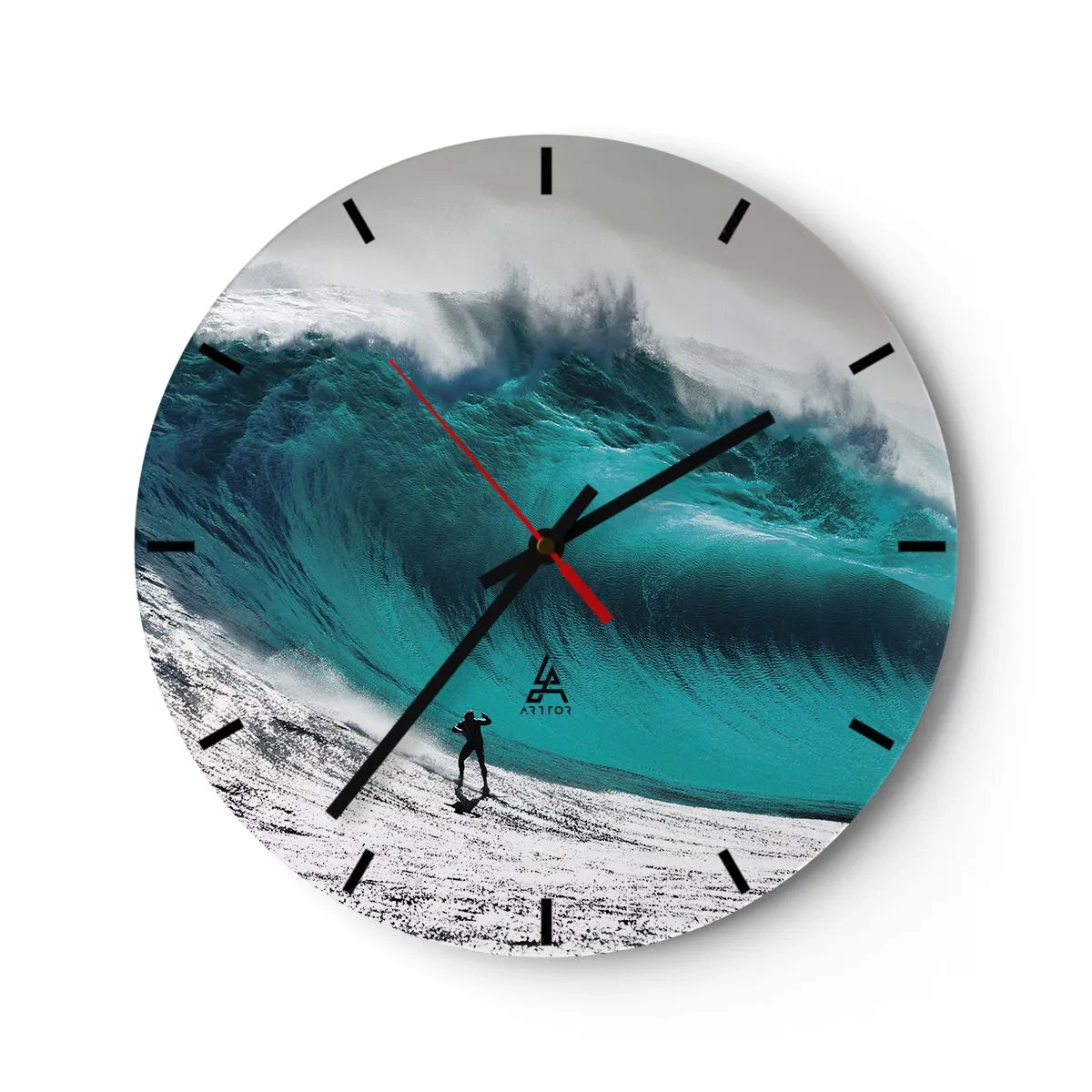 Wanduhr - Glasuhr - Ein Surfer vor einer riesigen türkisfarbenen Welle - 30x30cm - Herausforderung angenommen - Moderne Wanddekoration für Wohnzimmer, Küche und Schlafzimmer ARTTOR