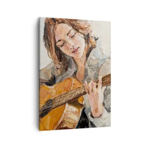 Bild auf Leinwand - Leinwandbild - Porträt eines Gitarre spielenden Mädchens in malerischem Stil mit warmen Farben. - 50x70cm - Konzert für Gitarre und Mädchenherz - Moderne Wanddekoration für Wohnzimmer und Schlafzimmer ARTTOR