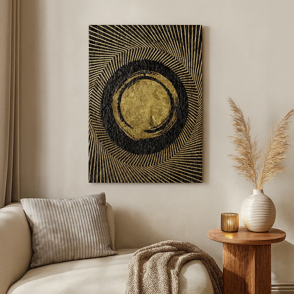 Bild auf Leinwand - Leinwandbild - Geometrische Komposition in Schwarz und Gold mit Strahlen - 50x70cm - Glamour-Komposition - Moderne Wanddekoration für Wohnzimmer und Schlafzimmer ARTTOR