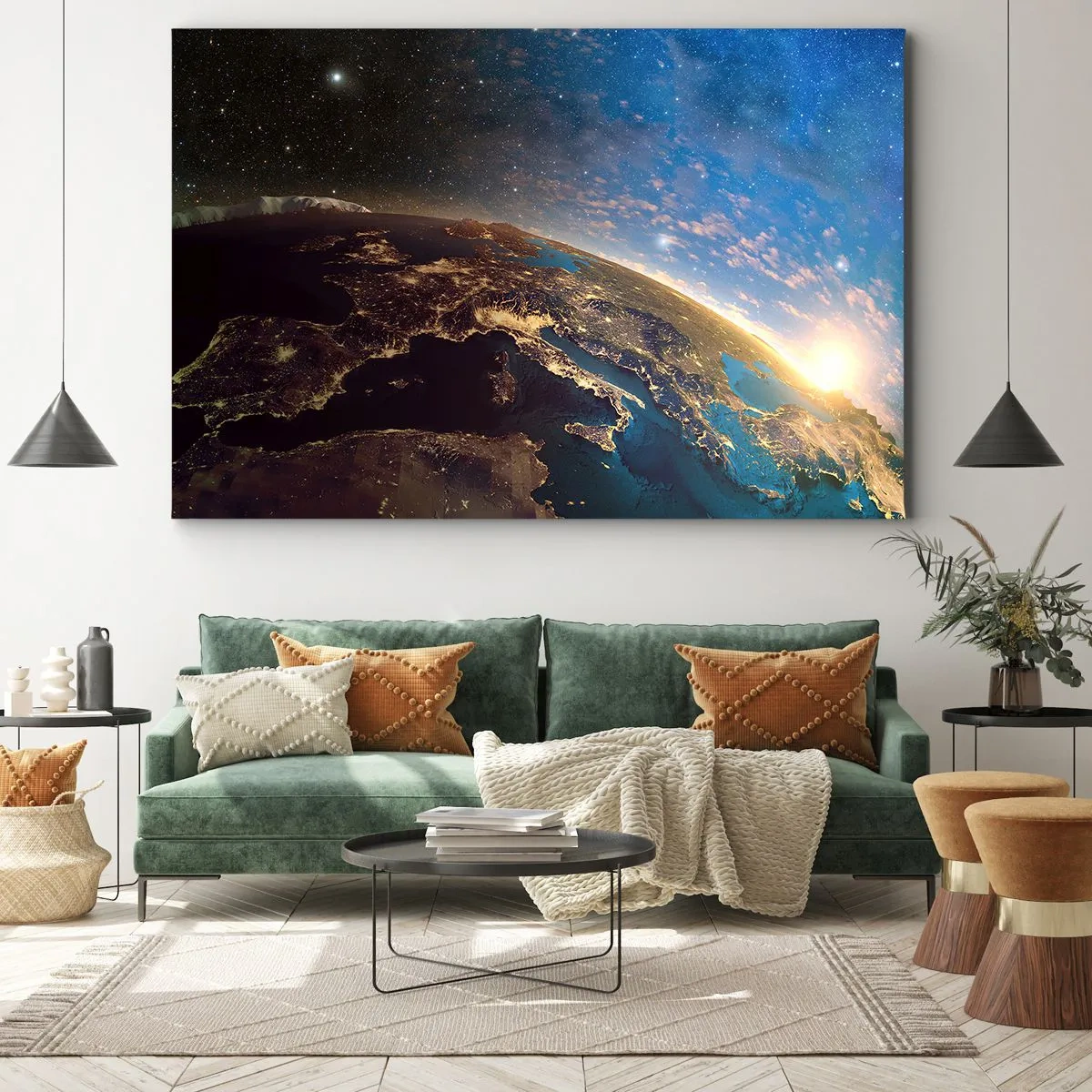 Bild auf Leinwand - Leinwandbild - Blick auf die Erde aus dem Weltraum bei Sonnenaufgang - 70x50cm - Schauen wir uns aus der Ferne an - Moderne Wanddekoration für Wohnzimmer und Schlafzimmer ARTTOR