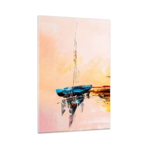 Glasbild - Bild auf glas - Bunte Boote auf ruhigem Wasser bei Sonnenuntergang - 70x100cm - Abend im Yachthafen - Moderne Wanddekoration für Wohnzimmer und Schlafzimmer ARTTOR