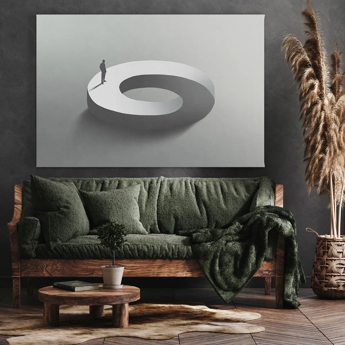 Bild auf Leinwand - Leinwandbild - Ein Mann auf einer grauen, abstrakten Struktur - 100x70cm - Und wie soll man davon klug werden - Moderne Wanddekoration für Wohnzimmer und Schlafzimmer ARTTOR