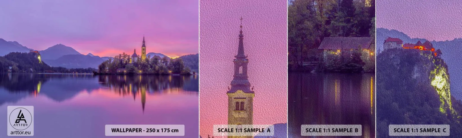 Fototapeten Muster Premium Sand - Eine märchenhafte Insel in der Abenddämmerung - Landschaft, Slowenien, Insel Bled - 100x30 cm