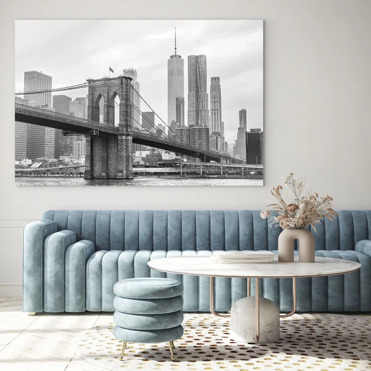 Glasbild - Bild auf glas - Schwarz-Weiß-Foto einer Brücke und Stadtlandschaft - 70x50cm - New Yorker Atmosphäre - Moderne Wanddekoration für Wohnzimmer und Schlafzimmer ARTTOR
