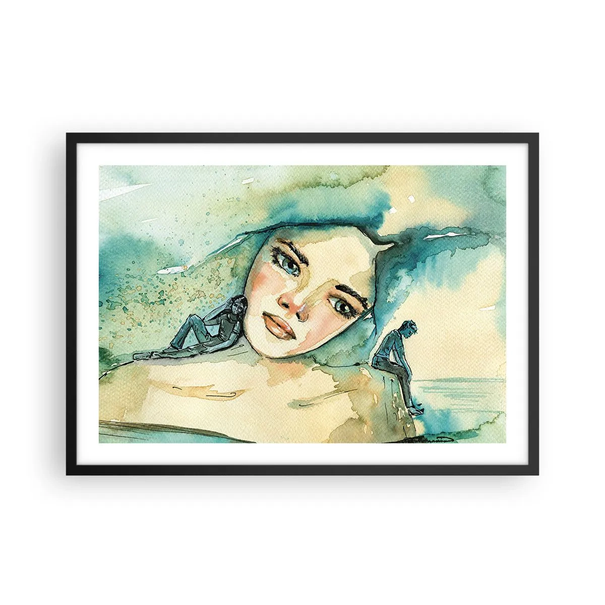 Poster in einem schwarzem Rahmen - Aquarell eines Frauengesichts mit reflektierendem Motiv - 70x50cm - Bin ich blau? - Moderne Wanddekoration für Wohnzimmer und Schlafzimmer ARTTOR