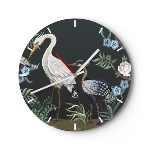 Wanduhr - Glasuhr - Dekorative Vögel zwischen Pflanzen auf dunklem Hintergrund - 30x30cm - Vogelparade - Moderne Wanddekoration für Wohnzimmer, Küche und Schlafzimmer ARTTOR