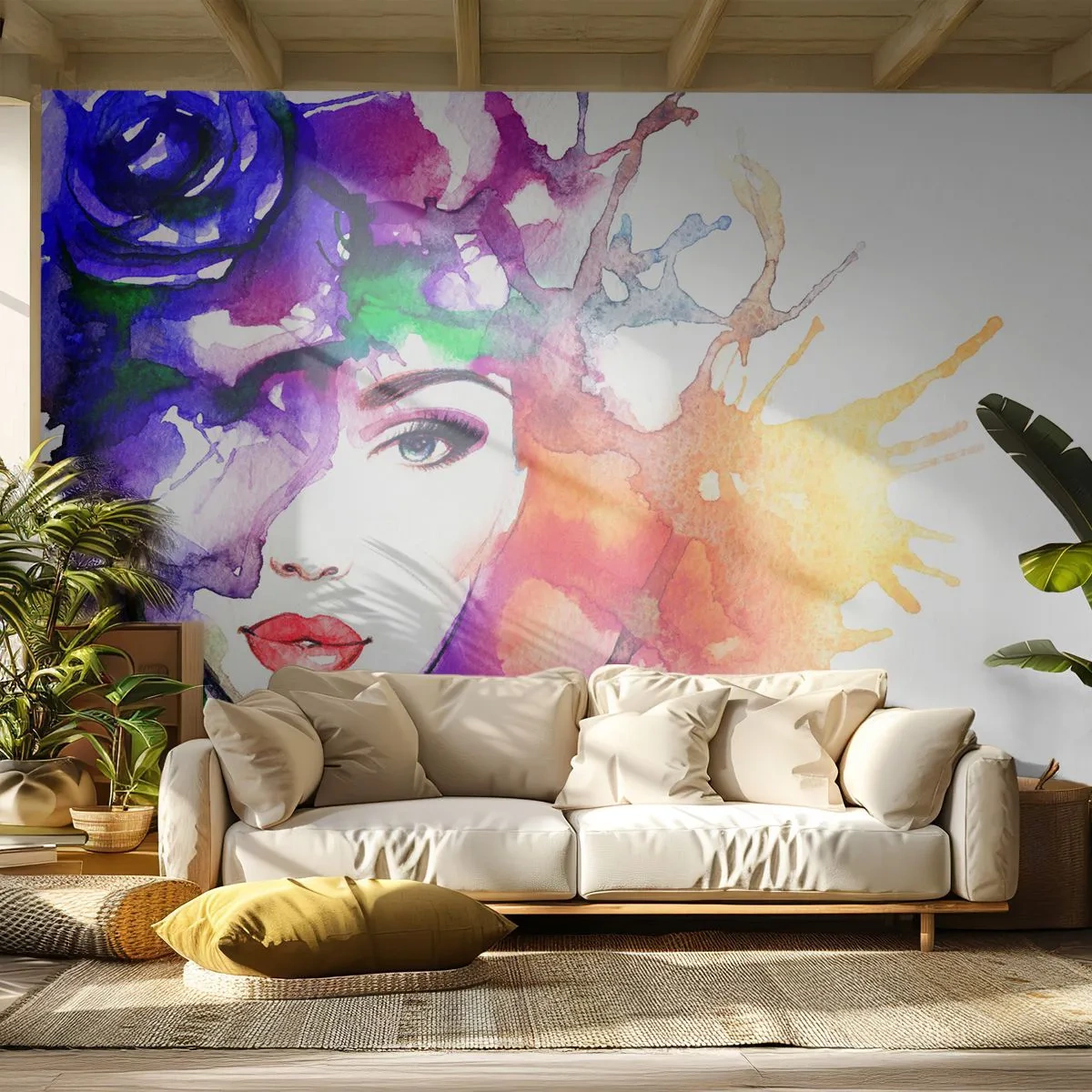 Selbstklebende Fototapete Deluxe Sticker - Mit dem Kopf in den Wolken - Frau, Das Gesicht einer Frau, Abstraktion - 400x280 cm