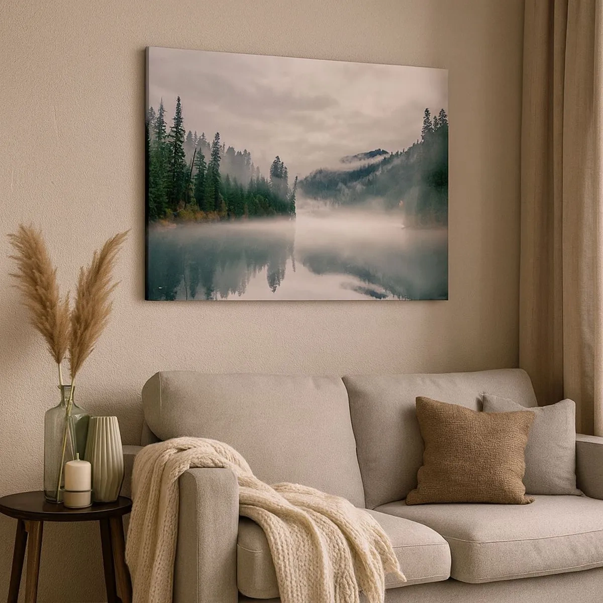 Bild auf Leinwand - Leinwandbild - Ein nebliger Wald spiegelt sich in einem ruhigen See - 70x50cm - In Reflexion, im Nebel - Moderne Wanddekoration für Wohnzimmer und Schlafzimmer ARTTOR