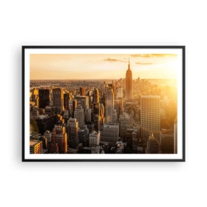 Poster in einem schwarzem Rahmen - Skyline von New York City bei Sonnenuntergang mit Blick auf das Empire State Building - 100x70cm - In der Sonne wachsen - Moderne Wanddekoration für Wohnzimmer und Schlafzimmer ARTTOR