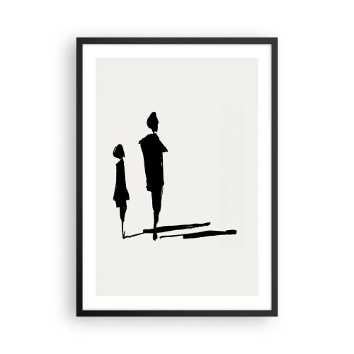 Poster in einem schwarzem Rahmen - Silhouetten zweier Figuren in Schwarz auf hellem Hintergrund - 50x70cm - Mit Sicherheit zusammen? - Moderne Wanddekoration für Wohnzimmer und Schlafzimmer ARTTOR