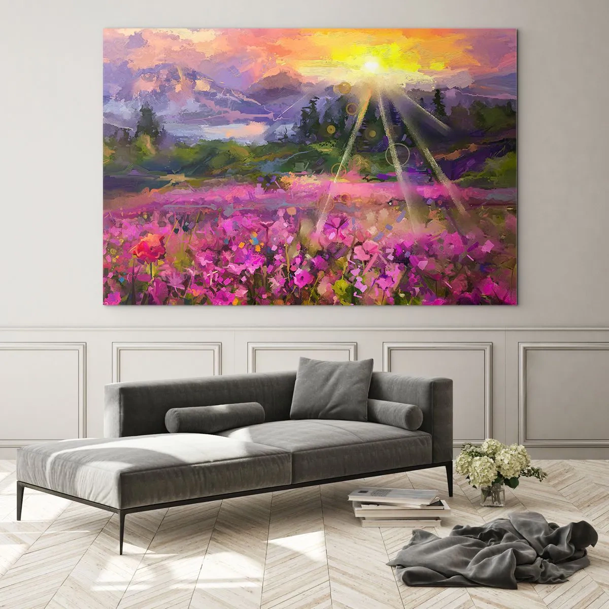 Glasbild - Bild auf glas - Ein malerisches Tal voller Blumen, beleuchtet von den Sonnenstrahlen - 120x80cm - Im Tal unter dem Schutz der Sonne - Moderne Wanddekoration für Wohnzimmer und Schlafzimmer ARTTOR