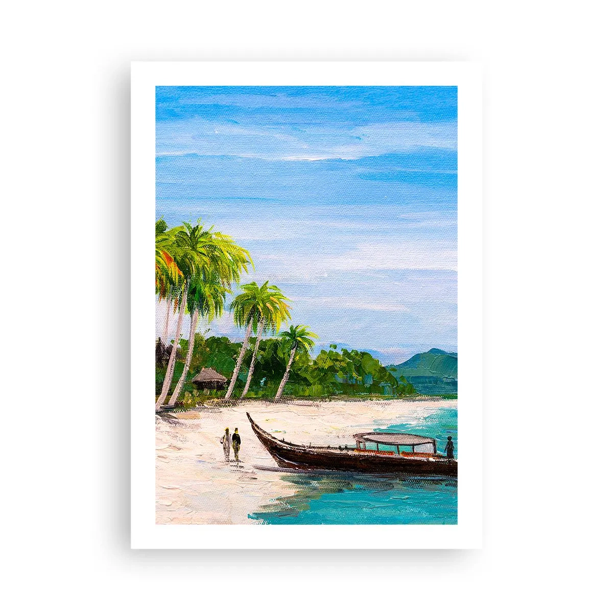 Poster - Tropischer Strand mit Palmen und einem Boot am Ufer - 50x70cm - Exotischer Traum - Moderne Wanddekoration für Wohnzimmer und Schlafzimmer ARTTOR