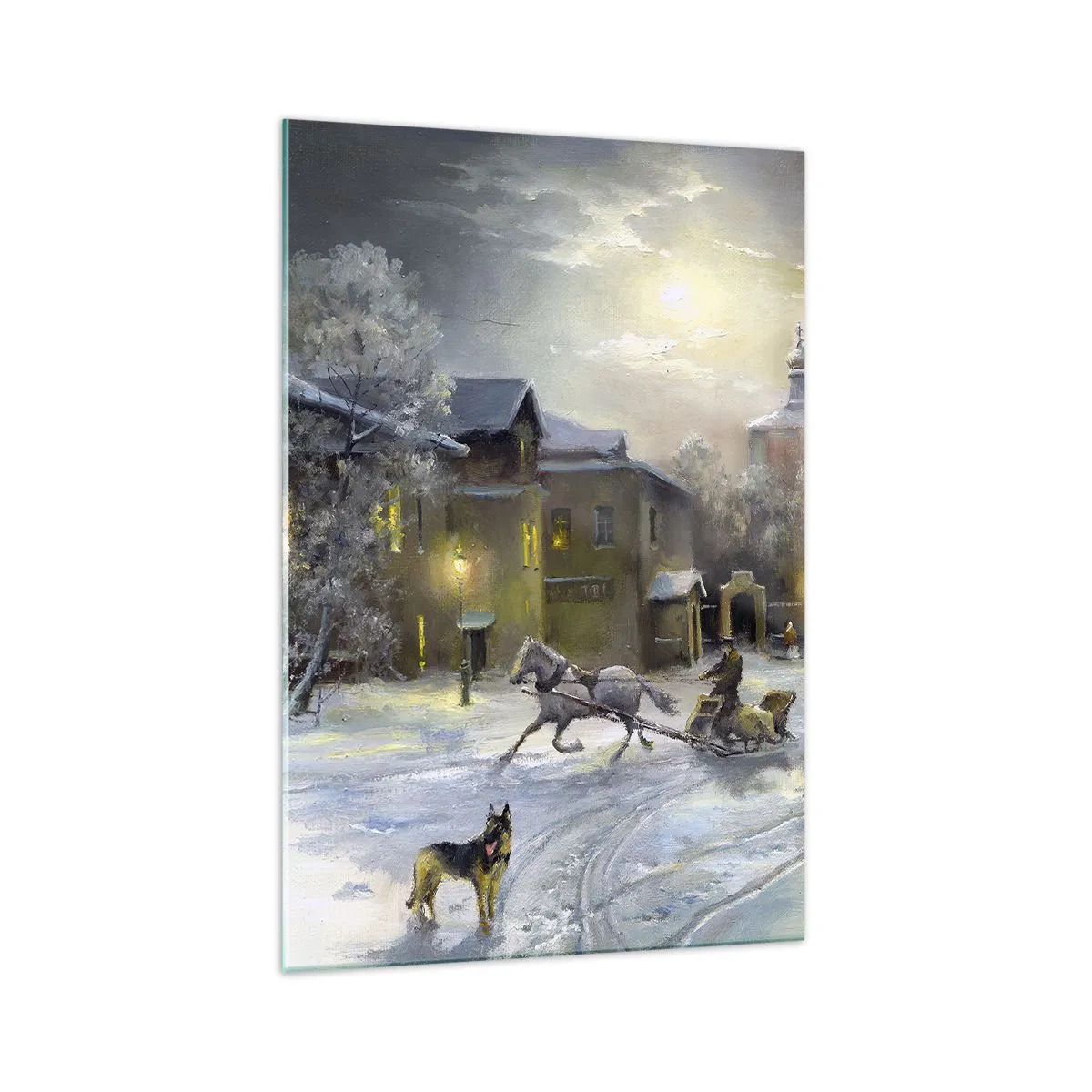 Glasbild - Bild auf glas - Winterlandschaft in einer russischen Stadt mit Schlitten und Kirche - 70x100cm - Die Magie des russischen Winters - Moderne Wanddekoration für Wohnzimmer und Schlafzimmer ARTTOR