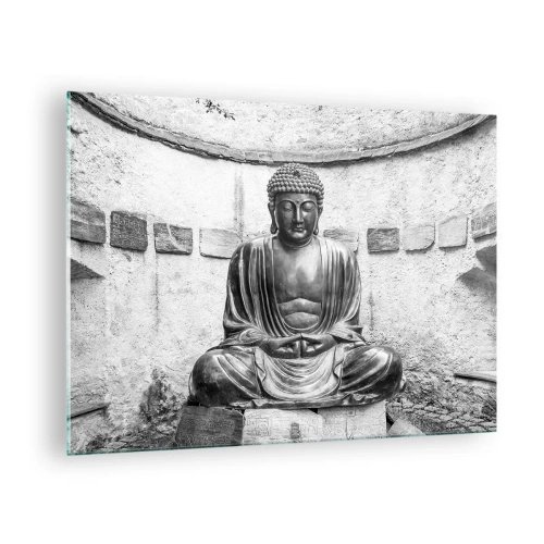 Glasbild - Bild auf glas - Schwarz-weiße Buddha-Statue in meditativer Pose - 70x50cm - An der Quelle des Friedens - Moderne Wanddekoration für Wohnzimmer und Schlafzimmer ARTTOR