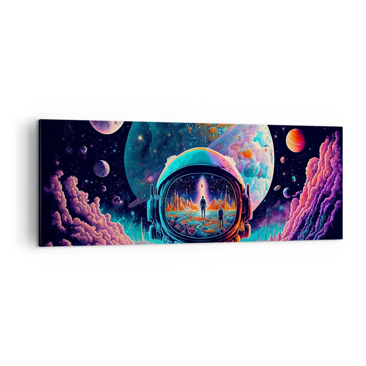 Bild auf Leinwand - Leinwandbild - Astronaut im Weltraum mit einer farbenfrohen Planetenlandschaft - 140x50cm - Philosophen haben nicht davon geträumt - Moderne Wanddekoration für Wohnzimmer und Schlafzimmer ARTTOR