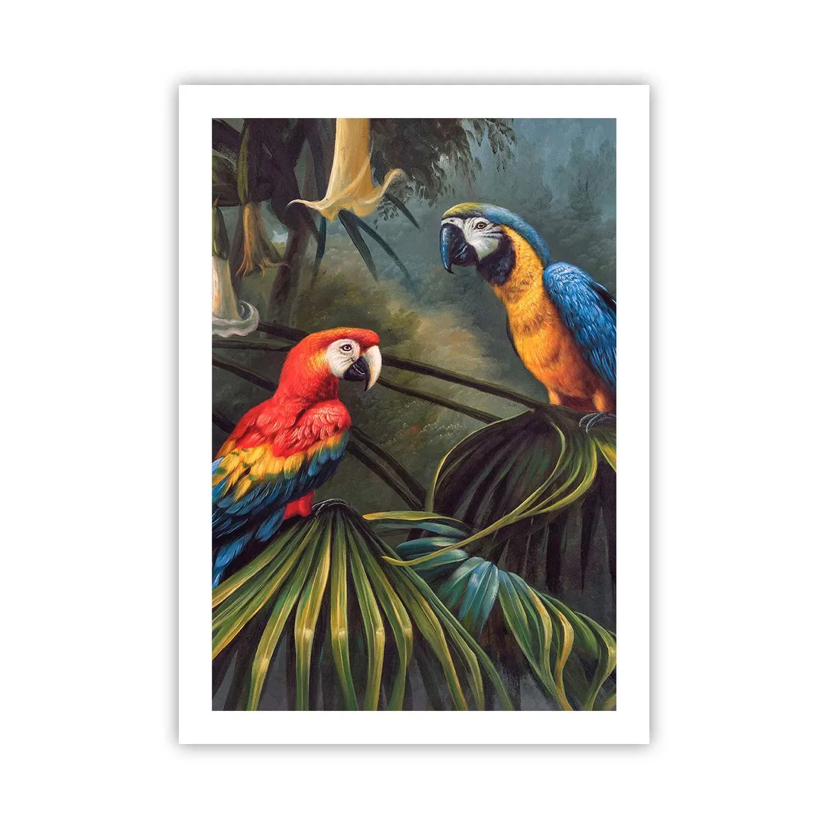 Poster - Tropische Papageien umgeben von üppiger Vegetation - 50x70cm - Romantik in den Tropen - Moderne Wanddekoration für Wohnzimmer und Schlafzimmer ARTTOR