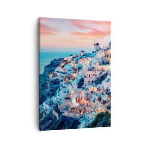 Bild auf Leinwand - Leinwandbild - Santorini bei Sonnenuntergang mit weißen Gebäuden auf dem Hügel - 50x70cm - Dein toller griechischer Urlaub - Moderne Wanddekoration für Wohnzimmer und Schlafzimmer ARTTOR