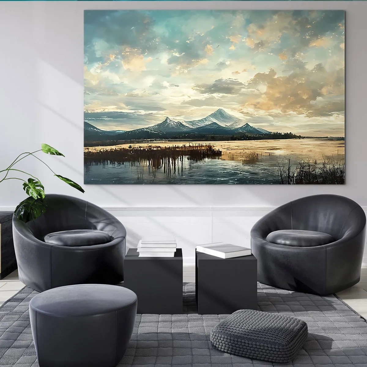 Glasbild - Bild auf glas - Winterlandschaft mit Bergen und einem zugefrorenen See - 120x80cm - Unter dem Schutz des Himmels - Moderne Wanddekoration für Wohnzimmer und Schlafzimmer ARTTOR