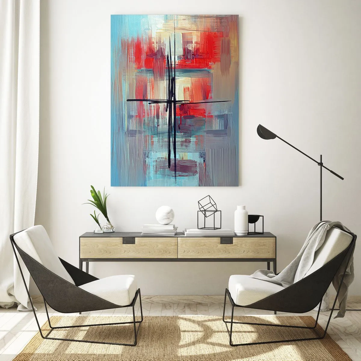 Glasbild - Bild auf glas - Eine abstrakte Komposition mit intensiven Farben, Linien und geometrischen Formen. - 70x100cm - Landschaft in einer unbekannten Dimension - Moderne Wanddekoration für Wohnzimmer und Schlafzimmer ARTTOR