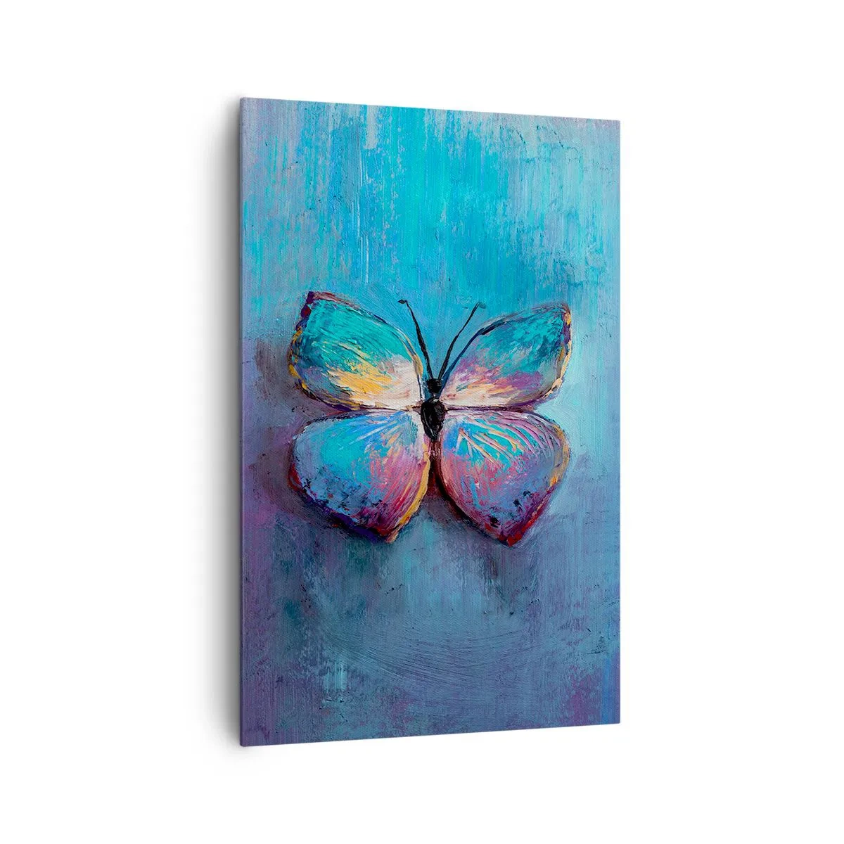 Bild auf Leinwand - Leinwandbild - Bunter Schmetterling auf blauem Hintergrund - 80x120cm - In all seiner Pracht - Moderne Wanddekoration für Wohnzimmer und Schlafzimmer ARTTOR