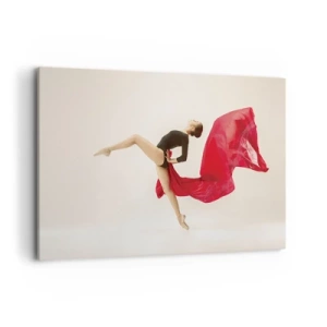 Bild auf Leinwand - Leinwandbild - Eine dynamische Tänzerin in schwarzem Outfit und rotem Stoff in Bewegung. - 100x70cm - Rot und Schwarz - Moderne Wanddekoration für Wohnzimmer und Schlafzimmer ARTTOR