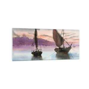 Glasbild - Bild auf glas - Zwei Segelschiffe liegen in der Abenddämmerung auf ruhigem Wasser vor Anker - 120x50cm - Abend am Hafen - Moderne Wanddekoration für Wohnzimmer und Schlafzimmer ARTTOR