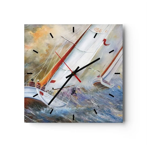 Wanduhr - Glasuhr - Segelboote auf rauen Wellen in einer dynamischen Komposition - 30x30cm - Durch die Wellen laufend - Moderne Wanddekoration für Wohnzimmer und Schlafzimmer ARTTOR