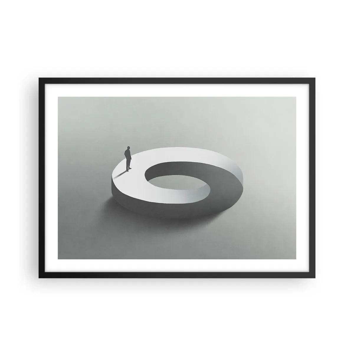 Poster in einem schwarzem Rahmen - Ein Mann auf einer grauen, abstrakten Struktur - 70x50cm - Und wie soll man davon klug werden - Moderne Wanddekoration für Wohnzimmer und Schlafzimmer ARTTOR