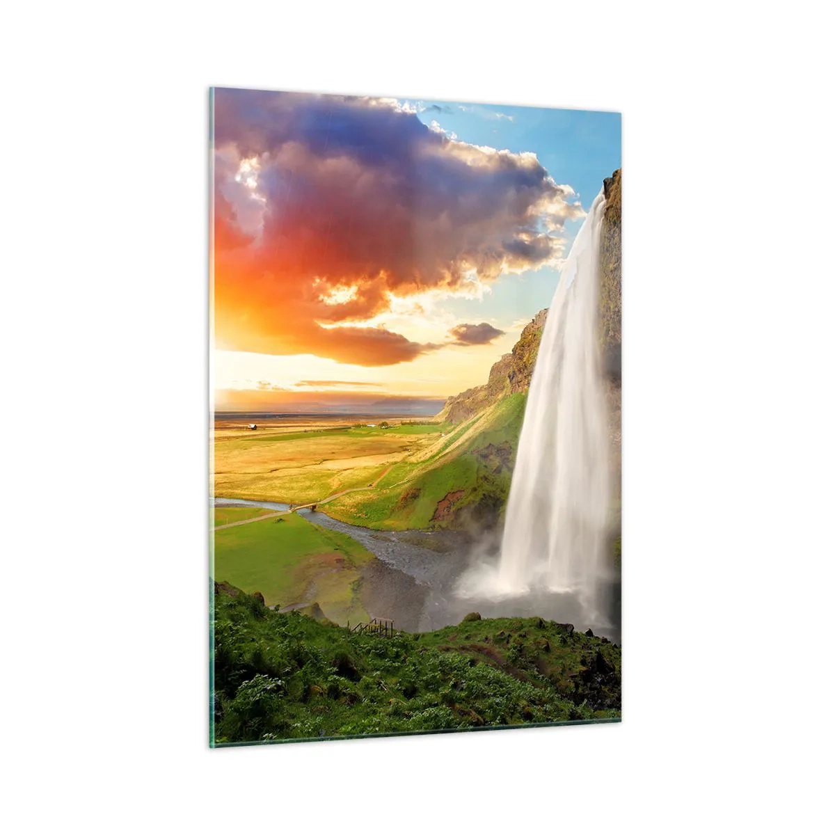 Glasbild - Bild auf glas - Isländischer Wasserfall in den Strahlen der untergehenden Sonne - 50x70cm - Die Fülle des isländischen Sommers - Moderne Wanddekoration für Wohnzimmer und Schlafzimmer ARTTOR