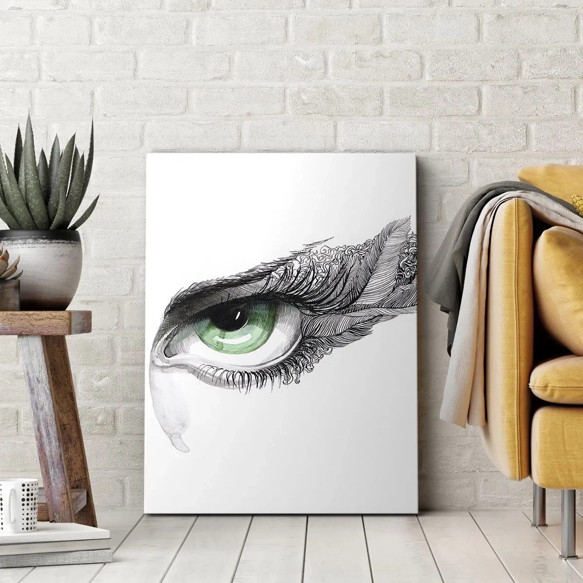 Bild auf Leinwand - Leinwandbild - Künstlerisches Auge mit grüner Iris und Zeichnungsdetails - 50x70cm - Schön und bereit zum Angriff - Moderne Wanddekoration für Wohnzimmer und Schlafzimmer ARTTOR