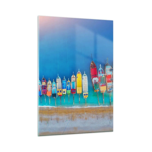 Glasbild - Bild auf glas - Bunte Boote am Ufer des türkisfarbenen Meeres - 50x70cm - Aus der Vogelperspektive - Moderne Wanddekoration für Wohnzimmer und Schlafzimmer ARTTOR