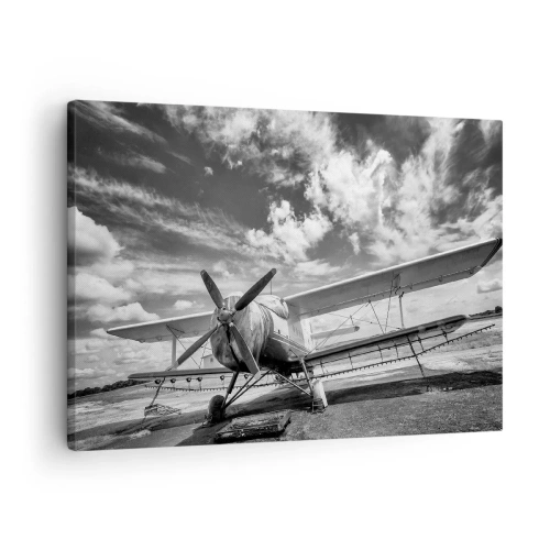 Bild auf Leinwand - Leinwandbild - Ein altes Flugzeug auf dem Flughafen in Schwarz und Weiß - 70x50cm - Ich kann es kaum erwarten! - Moderne Wanddekoration für Wohnzimmer und Schlafzimmer ARTTOR