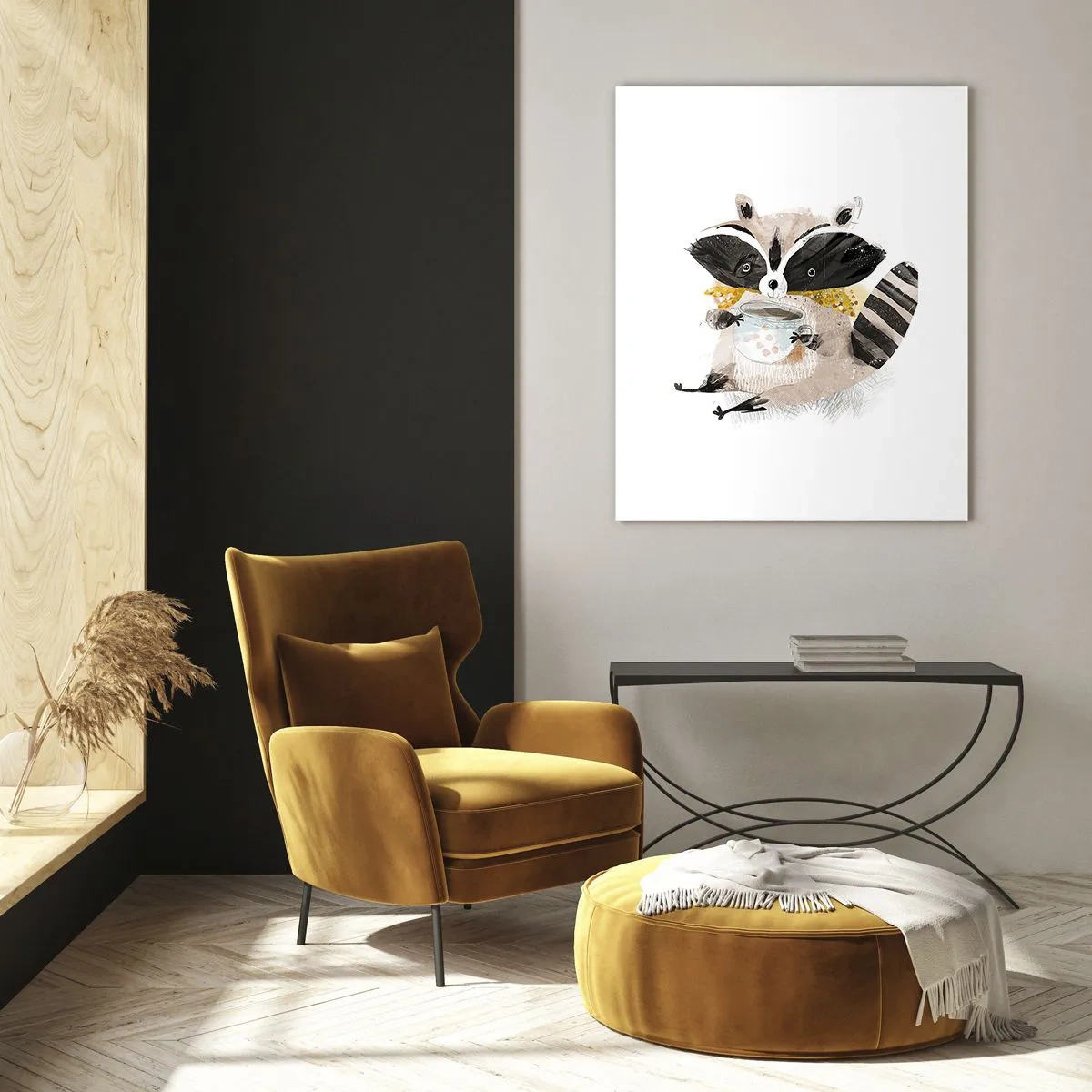 Glasbild - Bild auf glas - Ein süßer Waschbär hält eine Tasse Getränk - 50x70cm - Mein Freund der Waschbär - Moderne Wanddekoration für Wohnzimmer und Schlafzimmer ARTTOR