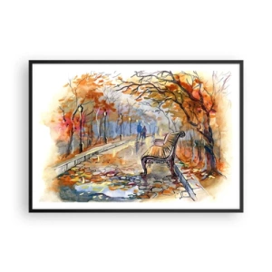 Poster in einem schwarzem Rahmen - Ein herbstlicher Park mit einer Bank in Aquarell - 100x70cm - Gemeinsam im Herbst wandern - Moderne Wanddekoration für Wohnzimmer und Schlafzimmer ARTTOR