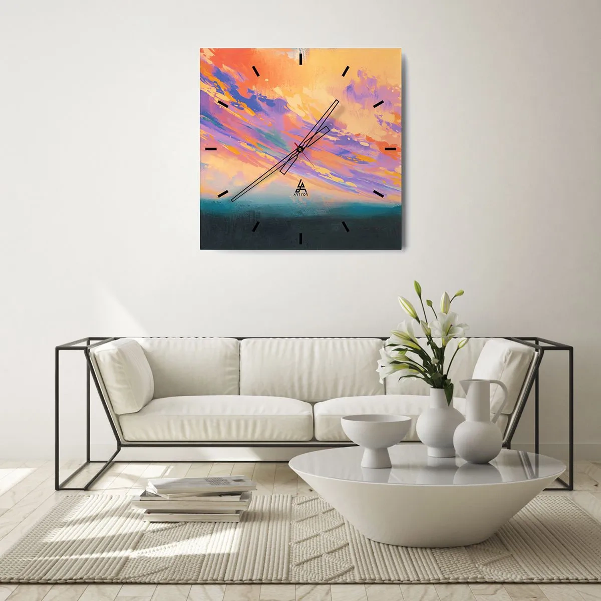 Wanduhr - Glasuhr - Eine dynamische Szene mit Figuren vor einem farbenfrohen Sonnenuntergangshimmel - 30x30cm - Die Anziehungskraft - Moderne Wanddekoration für Wohnzimmer und Schlafzimmer ARTTOR