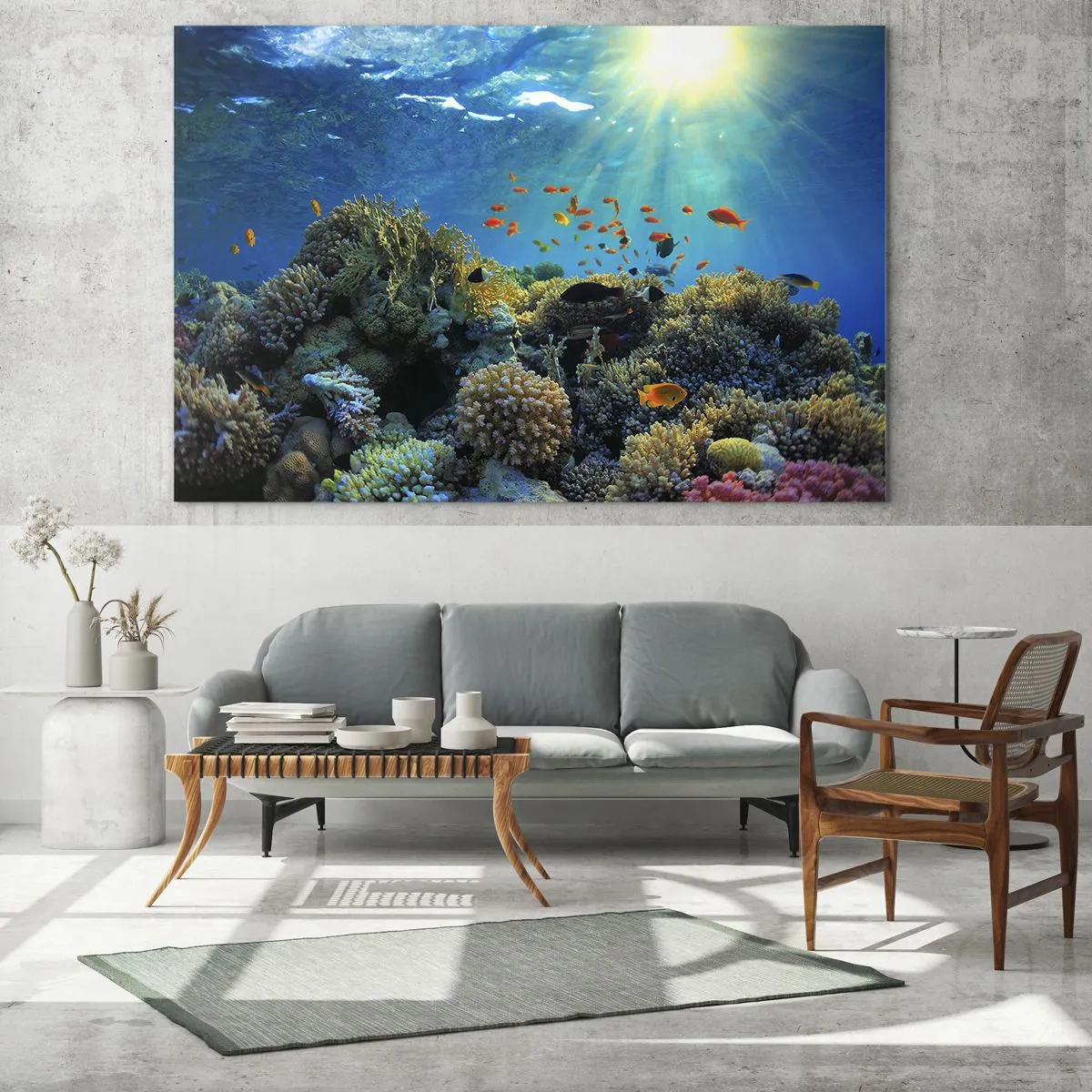 Glasbild - Bild auf glas - Ein farbenfrohes Korallenriff, beleuchtet von den Sonnenstrahlen - 120x80cm - Unterwasserschätze - Moderne Wanddekoration für Wohnzimmer und Schlafzimmer ARTTOR