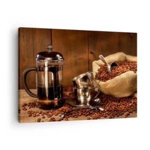Bild auf Leinwand - Leinwandbild - French Press, Tassen und eine Tüte Kaffee auf einem hölzernen Hintergrund - 70x50cm - Der Charme des Kaffees - Aroma und Geschmack - Moderne Wanddekoration für Wohnzimmer und Schlafzimmer ARTTOR