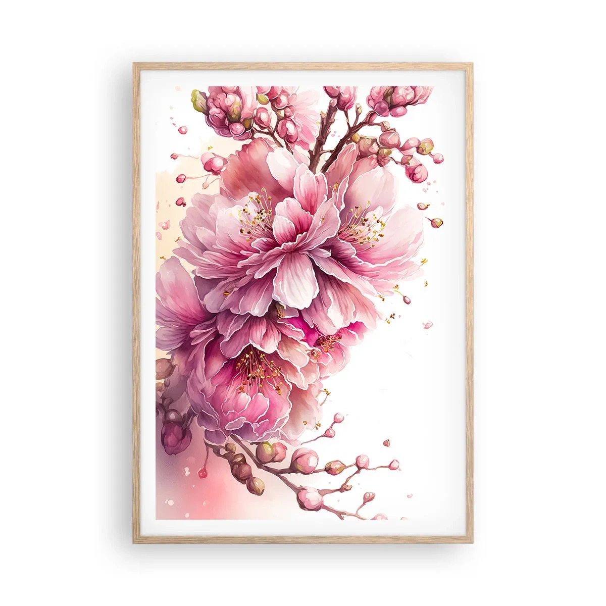 Poster in einem Rahmen aus heller Eiche - Kirschblütenblüte - 70x100 cm
