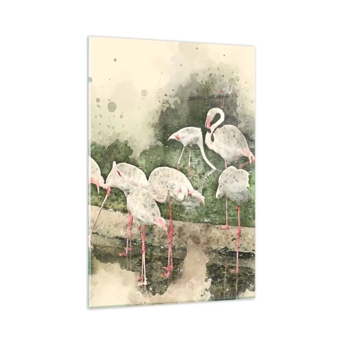 Glasbild - Bild auf glas - Flamingos in ihrer natürlichen Umgebung im Aquarellstil - 80x120cm - Exotischer Traum - Moderne Wanddekoration für Wohnzimmer und Schlafzimmer ARTTOR