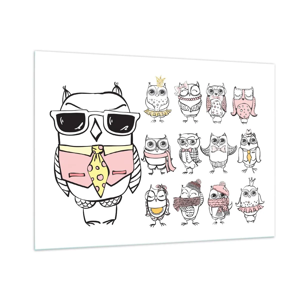 Glasbild - Bild auf glas - Lustige Eulenzeichnungen in verschiedenen Stilen - 100x70cm - So viele Rollen zu spielen - Moderne Wanddekoration für Wohnzimmer und Schlafzimmer ARTTOR
